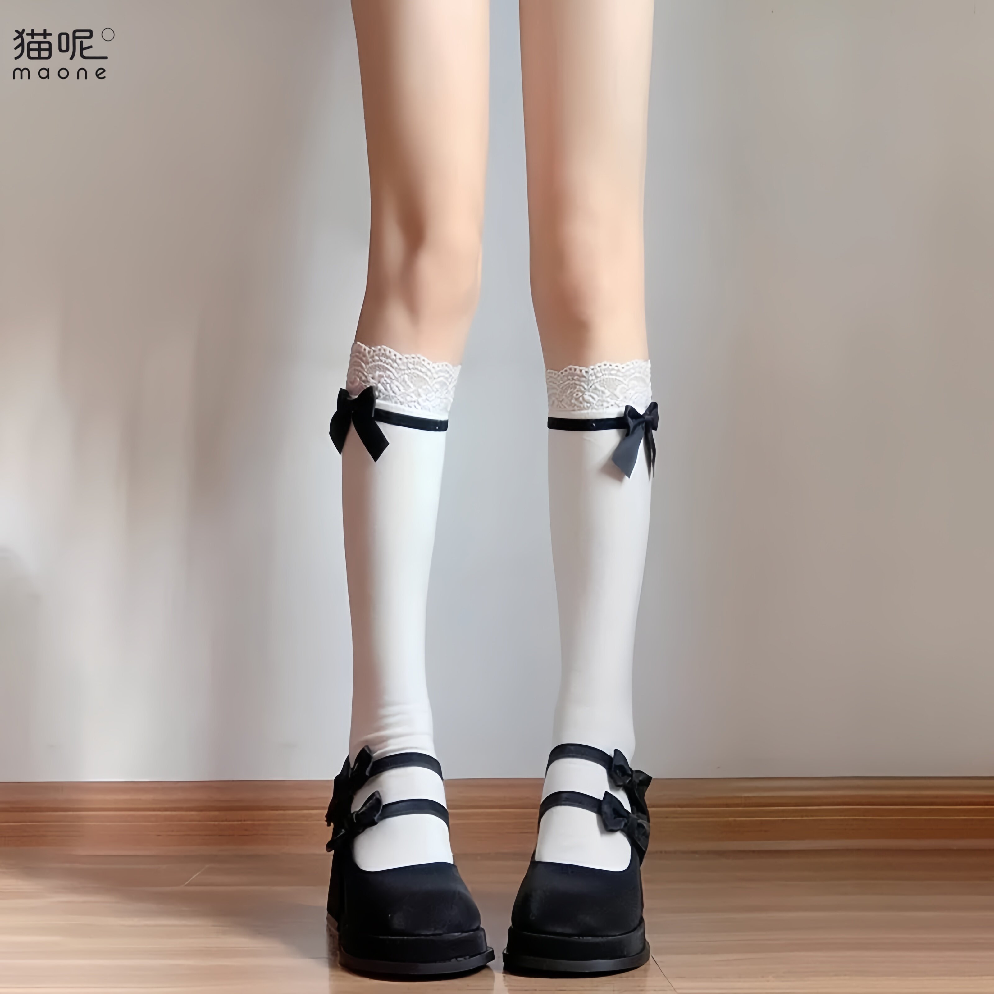 蝴蝶结天鹅绒堆堆中筒袜女秋冬