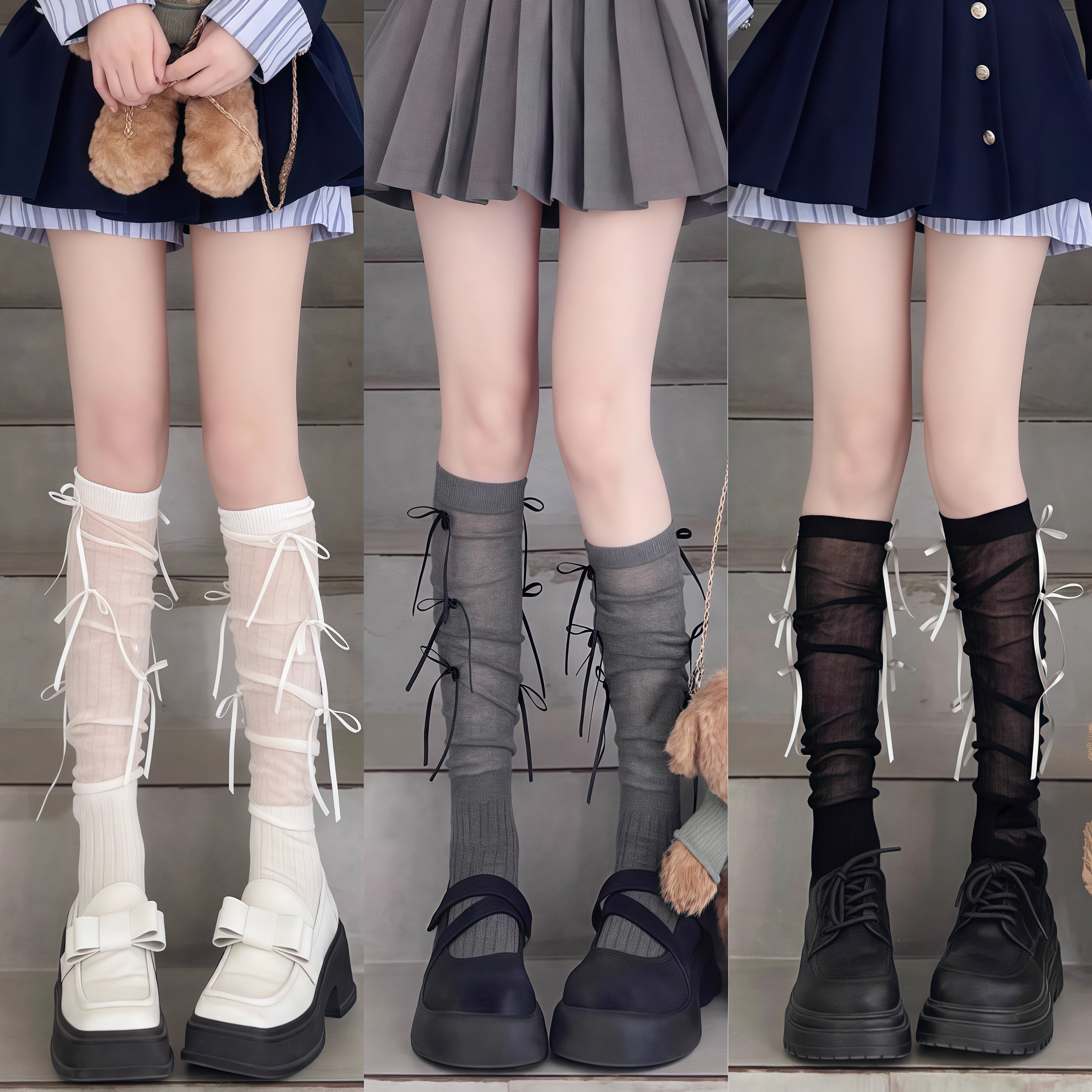 芭蕾风小腿袜丝带洛丽塔jk袜蝴蝶结中长筒袜子Lolita公主袜甜美女