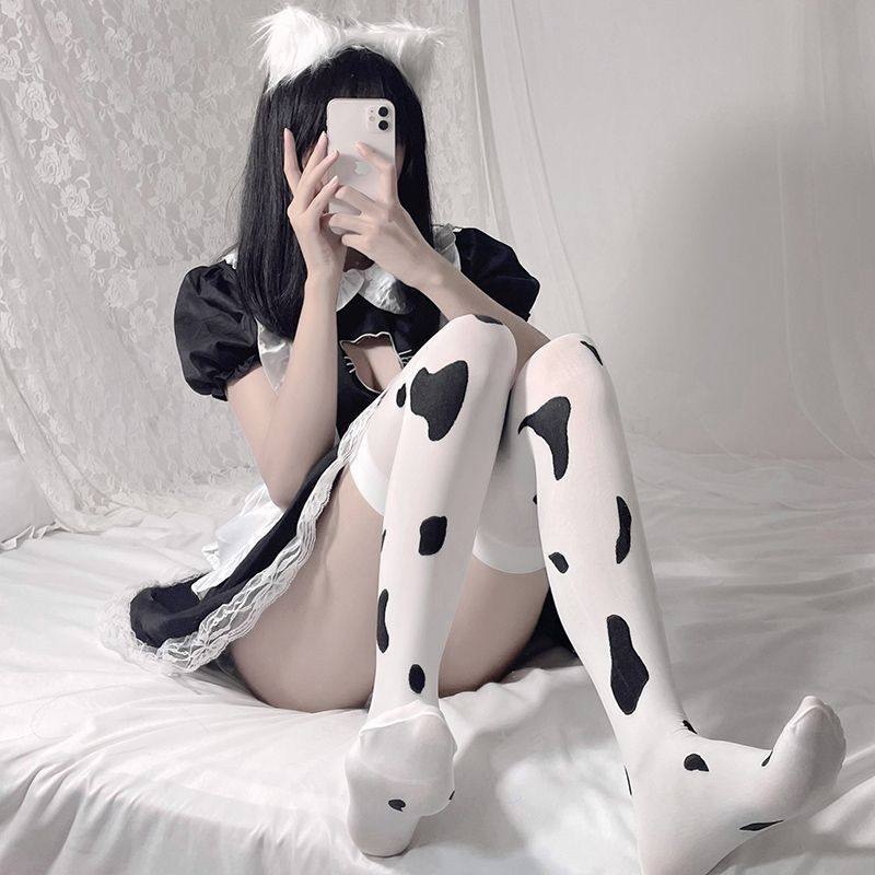 白色奶牛袜女过膝长筒袜蕾丝黑丝软妹萝莉COS丝袜可爱甜美JK动漫