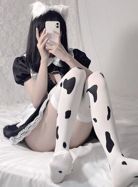 白色奶牛袜女过膝长筒袜蕾丝黑丝软妹萝莉COS丝袜可爱甜美JK动漫