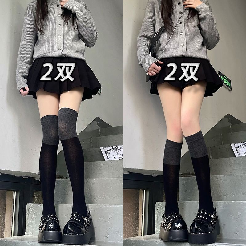 夏季薄款黑灰色拼接小腿中高筒袜