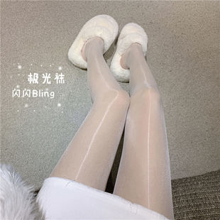 性感辣妹白丝油亮连裤 袜珠光御姐开档丝袜超薄透肤色黑丝女打底袜