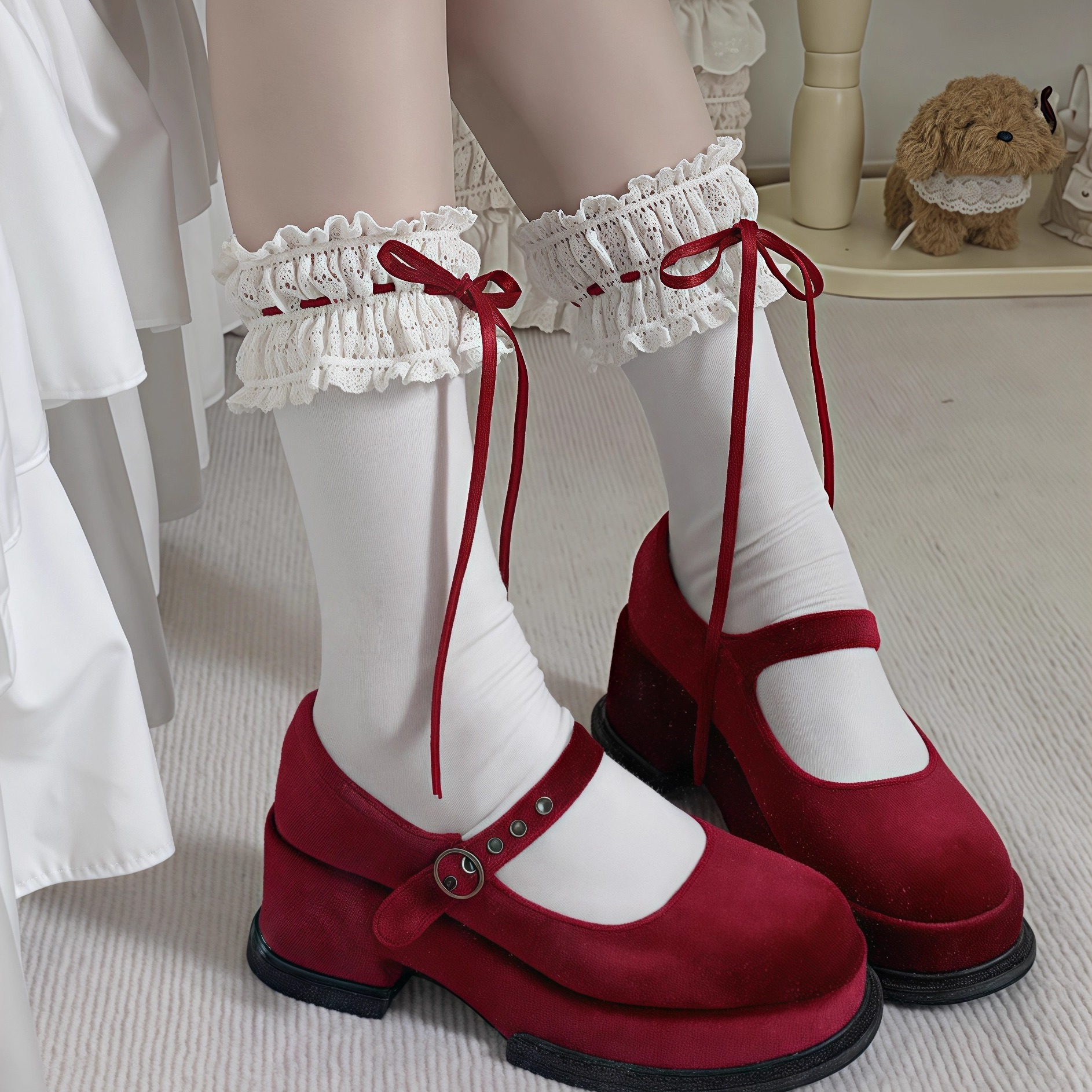 lolita黑色蕾丝花边过膝袜女春夏绑带蝴蝶结长筒袜显瘦高筒大腿袜