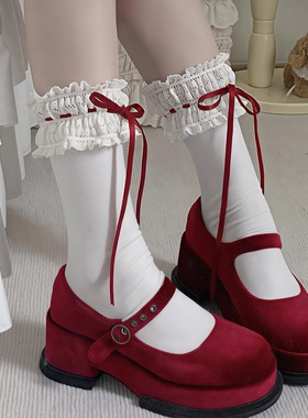 lolita黑色蕾丝花边过膝袜女春夏绑带蝴蝶结长筒袜显瘦高筒大腿袜