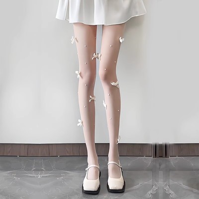 秋冬薄款打底袜甜美珍珠奶白连裤袜女日系丝袜女lolita纯欲JK黑丝