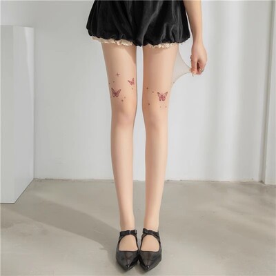 秋季新款y2k黑丝肤色辣妹纹身图案白丝超薄款蝴蝶连裤丝袜防勾丝