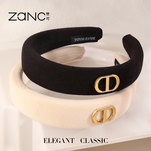 韩版简约高颅顶发箍女高级感CD字母宽边压发头箍外戴气质发捆发饰