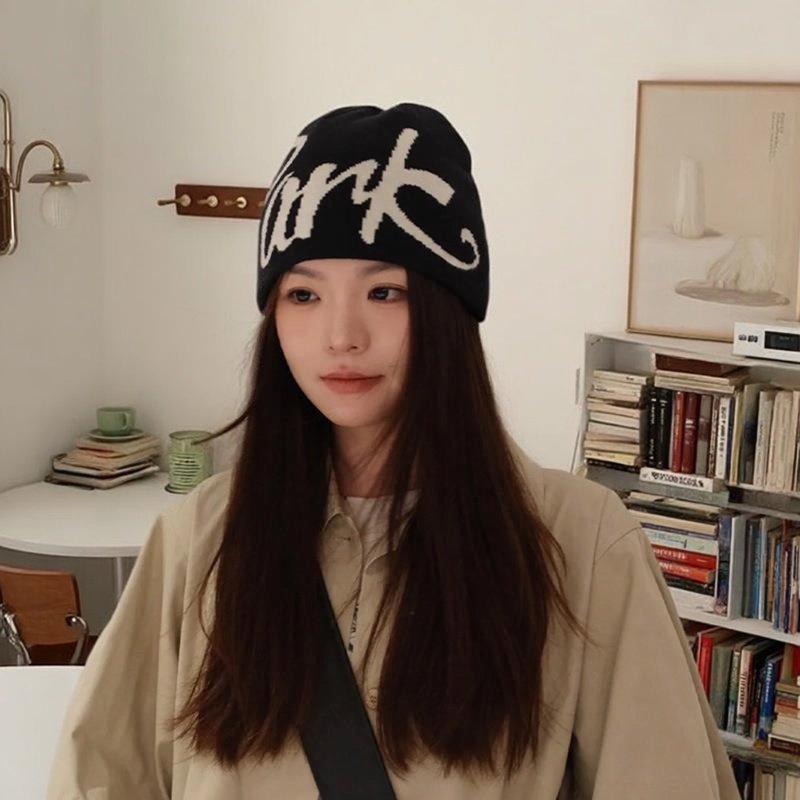 美式字母提花针织毛线帽子女秋冬保暖套头登山帽男显脸小包头冷帽