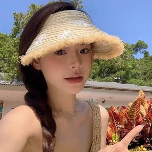 出游户外大帽檐遮阳防紫外线空顶防晒帽 海边度假风拉菲草帽女夏季