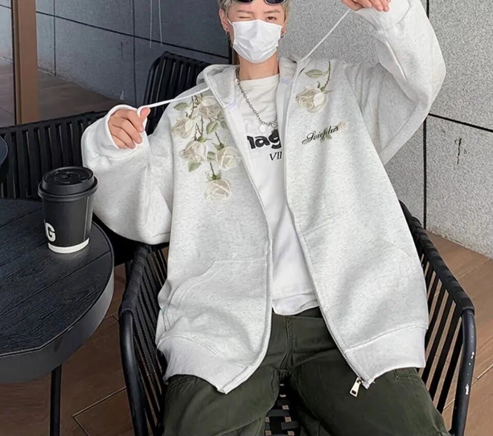 美式高街潮流时尚简约创意仿刺绣玫瑰落肩连帽开衫卫衣 男女同款