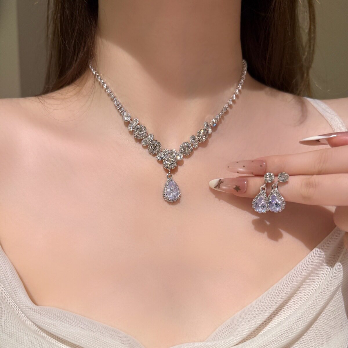 韩式新娘银色项链耳环套装女婚庆礼服搭配首饰感舞会礼服配饰