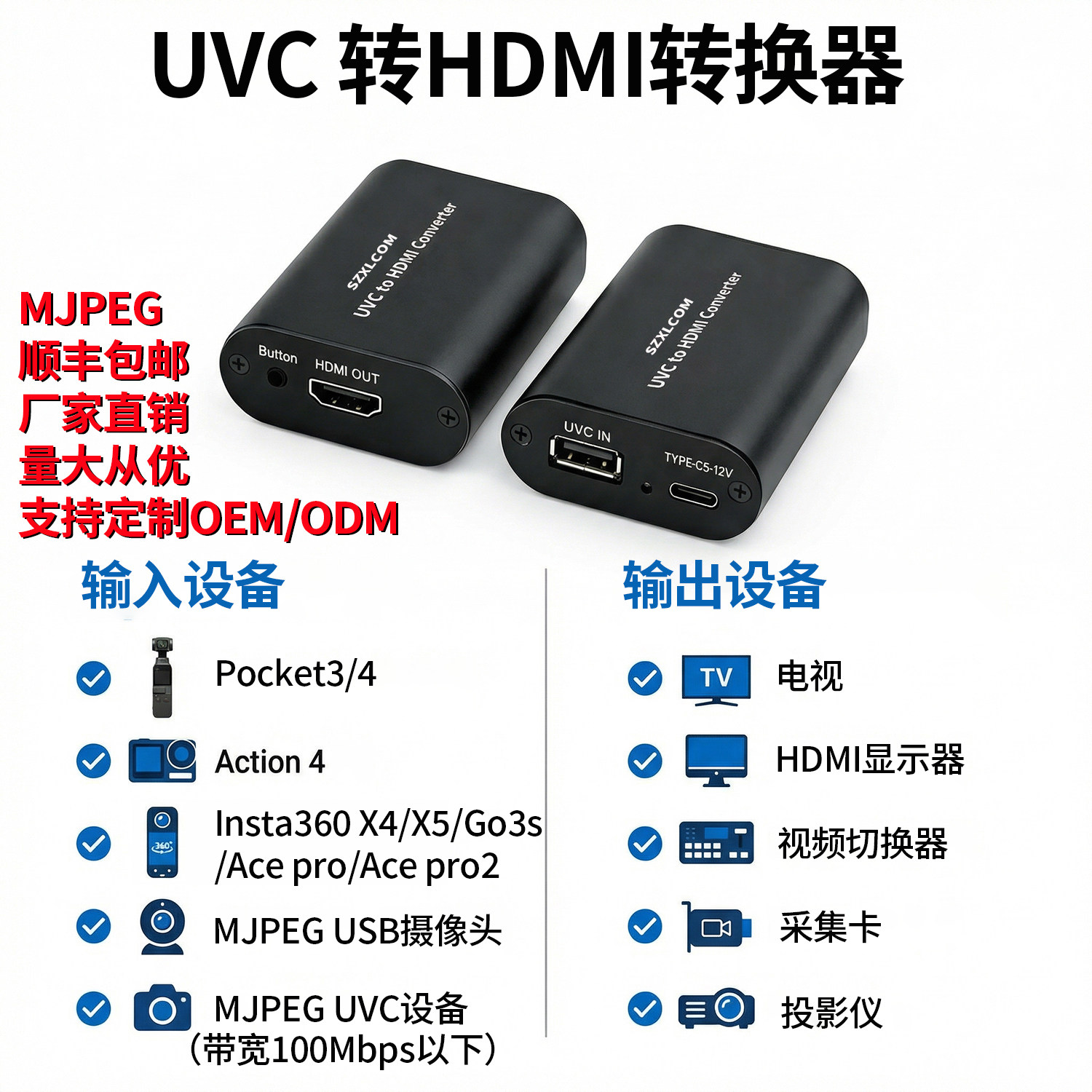 UVC转HDMI转换器免驱兼容POCKET3/4/USB摄像头MJPEG UVC 1080P60 - 实物图
