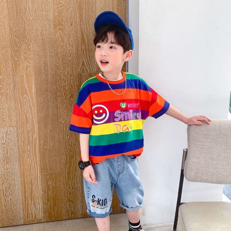 儿童彩色t恤变色童装男童短袖儿童夏装新款宽松彩虹条纹上衣洋气