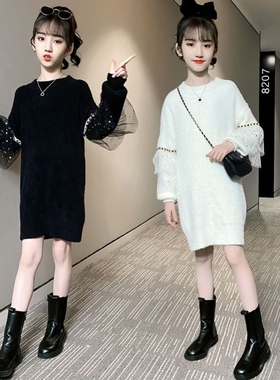 女童黑色连衣裙毛衣新款秋装洋气针织水貂绒中大童中长裙子母女装