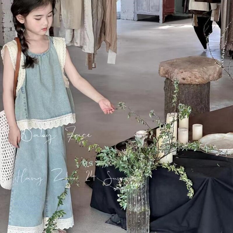 女童夏装潮酷套装2024夏时髦蕾丝边牛仔背心上衣阔腿裤无袖两件套