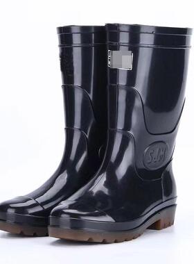 抗洪抢险27.5cm筒高防雨胶鞋黑色防汛工作雨靴牛筋底水鞋