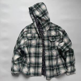 男保暖百搭外套宽松棉衣格子oversize 纹连帽棉服衬衫 美式 复古风格