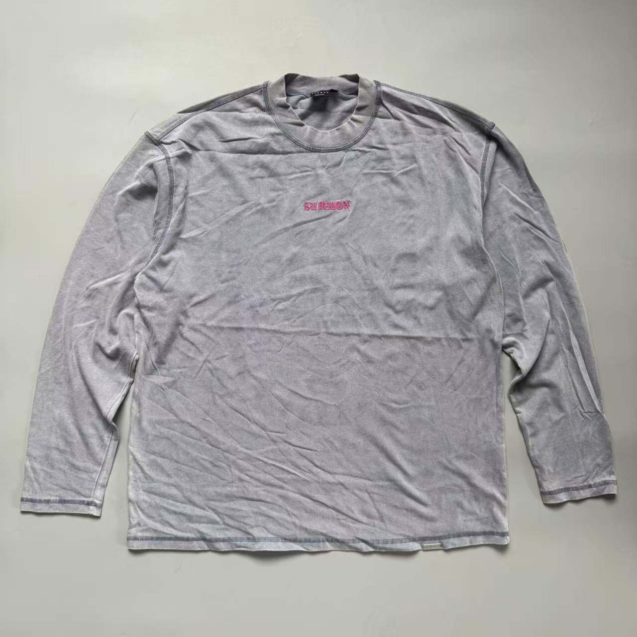 纯棉重磅水洗美式街头风纯棉圆领长袖T恤男灰色字母印花宽松上衣