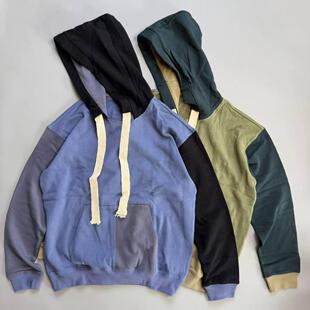 粗砂纯棉 美式重磅拼色拼接连帽卫衣男女春秋款宽松休闲情侣外套