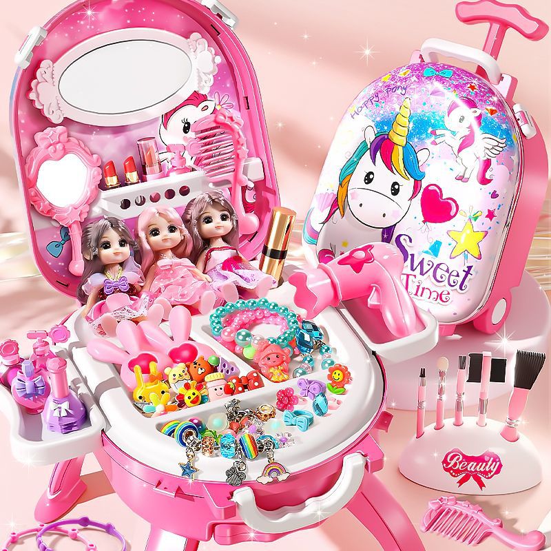 儿童仿真化妆品玩具芭比冰雪艾莎公主娃娃梳妆台套装女孩生日礼物
