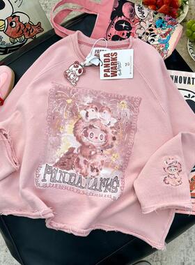 pandawarks熊猫纸袋家纯棉韩版休闲时尚减龄卡通印花拉布布卫衣女