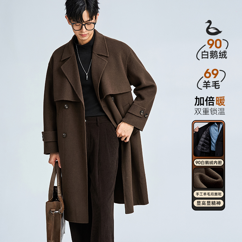 海上公路90白鹅绒内胆羊毛大衣男士秋冬季双面呢休闲复古百搭外套