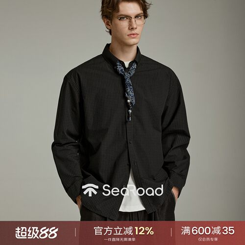 海上公路100%棉文艺格纹衬衫男士春秋可拆卸丝巾高智复古百搭上衣