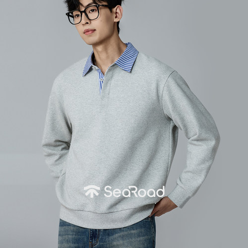 海上公路条纹衬衫领卫衣男士秋季假两件撞色肌理感时尚通勤Polo衫