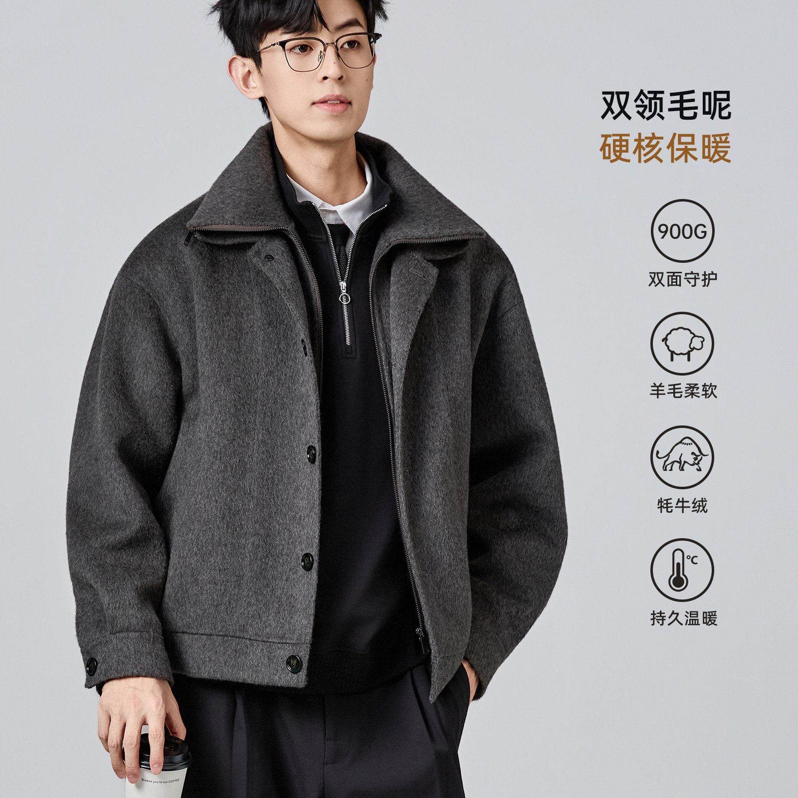 【直播专属】海上公路双门襟羊毛呢夹克男士900g宽松落肩时尚外套