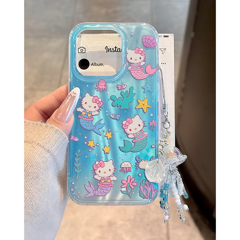 可爱kitty猫美人鱼带挂件适用苹果16promax手机壳iPhone15女新款14网红16少女13高级感16Pro防摔15pro保护套