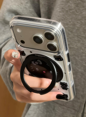 可爱黑色猫咪360旋转支架适用苹果17promax手机壳iPhone17女新款16日系14卡通15网红16Pro防摔15pro保护套ins