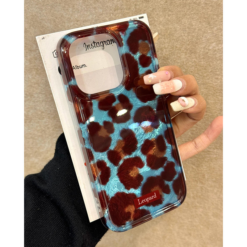 日韩ins小众个性蓝棕豹纹适用苹果18promax手机壳iPhone17女新款13高级感12网红16时尚18Pro防摔17pro保护套