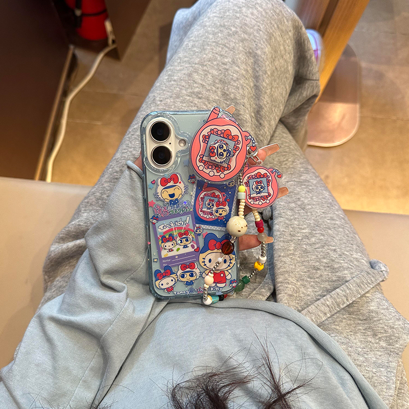 透蓝色卡通可爱猫咪麻美吉适用苹果16promax手机壳链条iPhone15女新款16带支架16Pro防摔15pro保护套13小众14