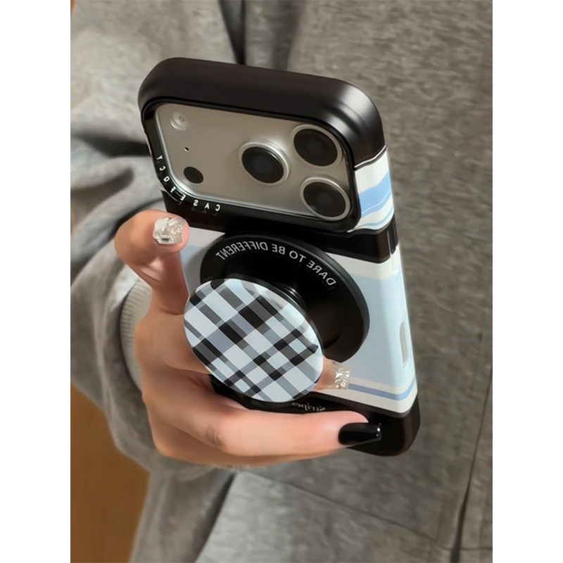 ins黑白蓝拼色英文磁吸支架适用苹果18promax手机壳iPhone17女新款16韩系15高级感16Pro防摔18pro保护套14/13