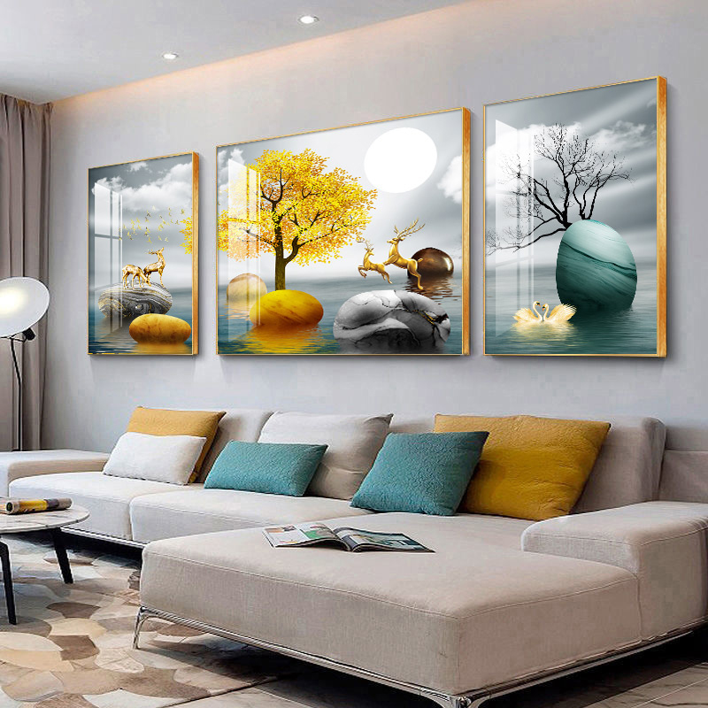 新款现代简约客厅装饰画沙发后背景墙壁画卧室三联晶瓷挂画免打孔