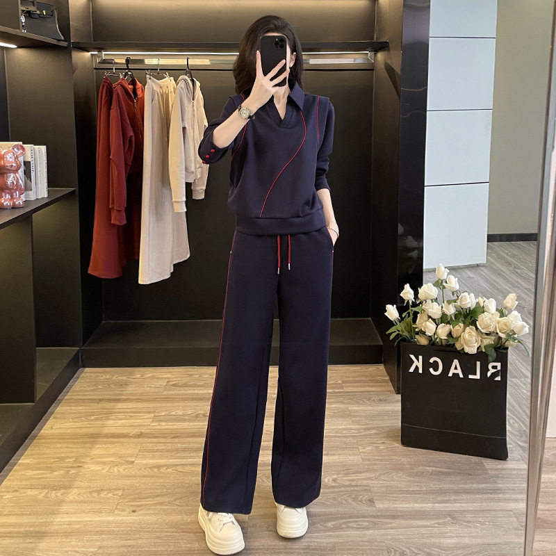 藏蓝色长袖上衣阔腿长裤时尚休闲套装女2026新款一整套秋冬季穿搭