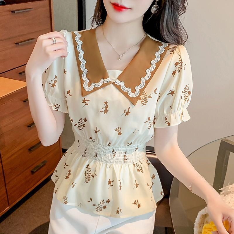 春季新款女装雪纺衬衫女短袖2026新款夏季卡腰小衫短款洋气娃娃领
