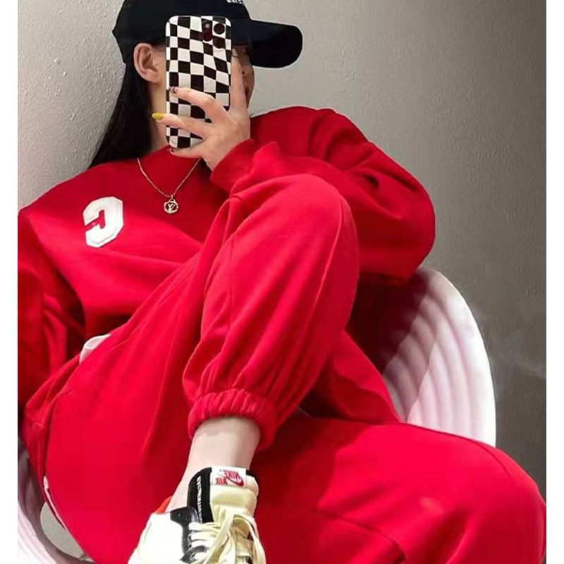 新年红色加厚休闲时尚运动服卫衣卫裤两件套装女秋冬季2026年新款