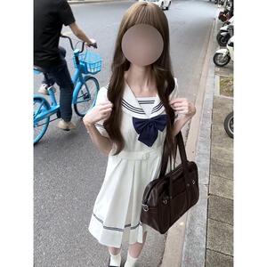 韩系减龄学院风海军领连衣裙女蝴蝶结收腰显瘦百褶小个子白色短裙