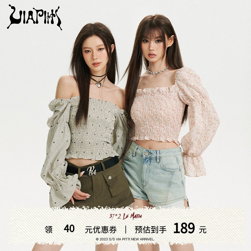 VIAPITTI一字肩格子碎花泡泡袖抹胸上衣女气质小衬衫辣妹露腰夏季