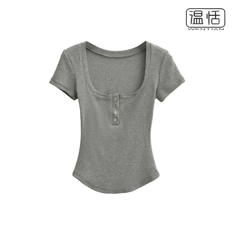 速发【包邮】欧美方领纽扣饰露锁骨T恤女灰色弧形下摆上衣潮