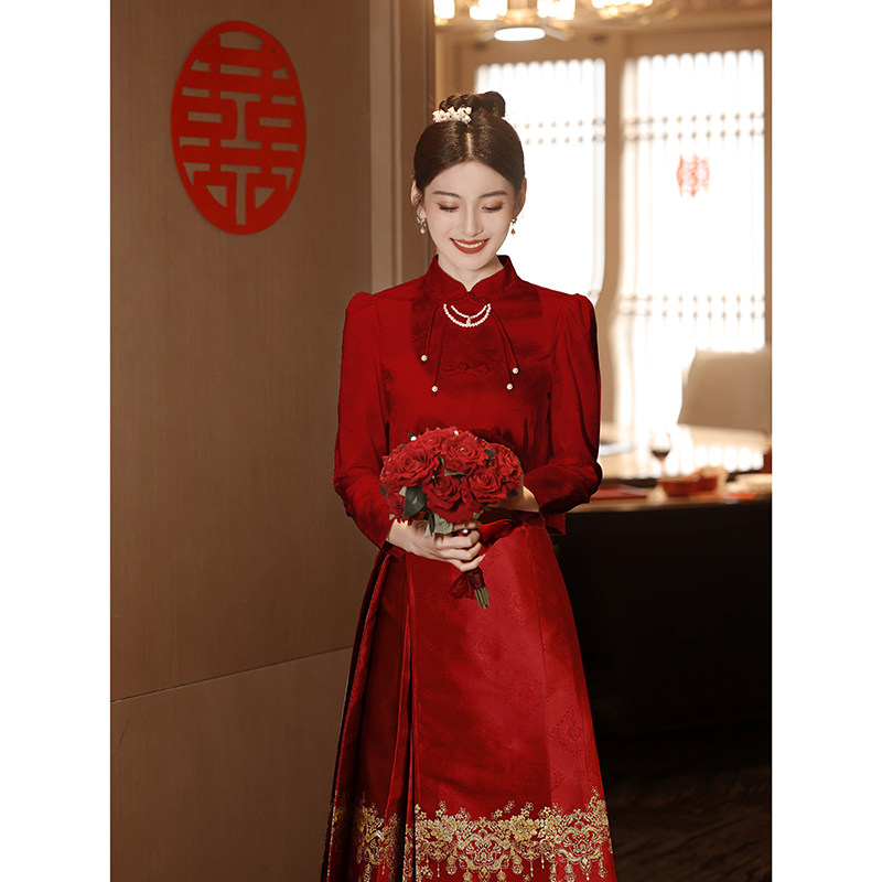 速发马面裙婚服敬酒服新娘酒服色订套服喜红旗袍婚装结婚新中式礼