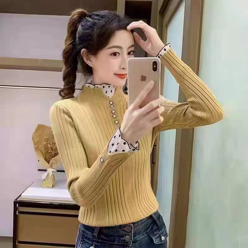 速发半高领毛衣打底衫女春内搭长袖拼接假两件蕾丝针织秋冬季上衣