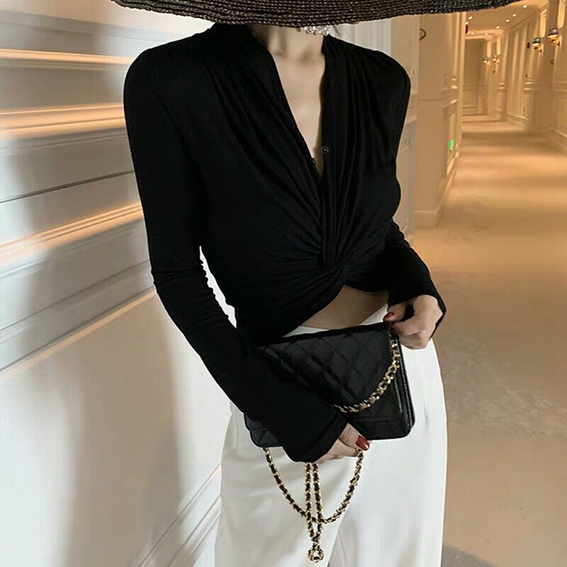 速发法式v领交叉打结上衣女春季长袖性感短款高腰露脐打底紧身针