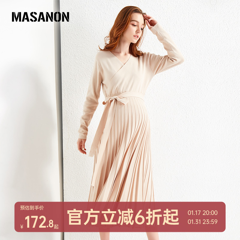 MASANON孕妇连衣裙春秋外穿可哺乳长裙潮妈V领百褶针织裙孕妇装