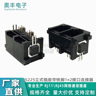 5225立式 2连接器黑色全塑网口接头 插座6P6C双胞接口带铁脚180度1
