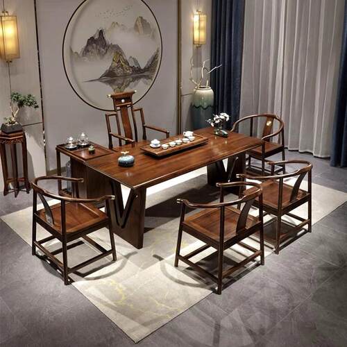 新中式乌金木实木大板茶桌椅组合现代简约办公家用干湿泡茶台一体