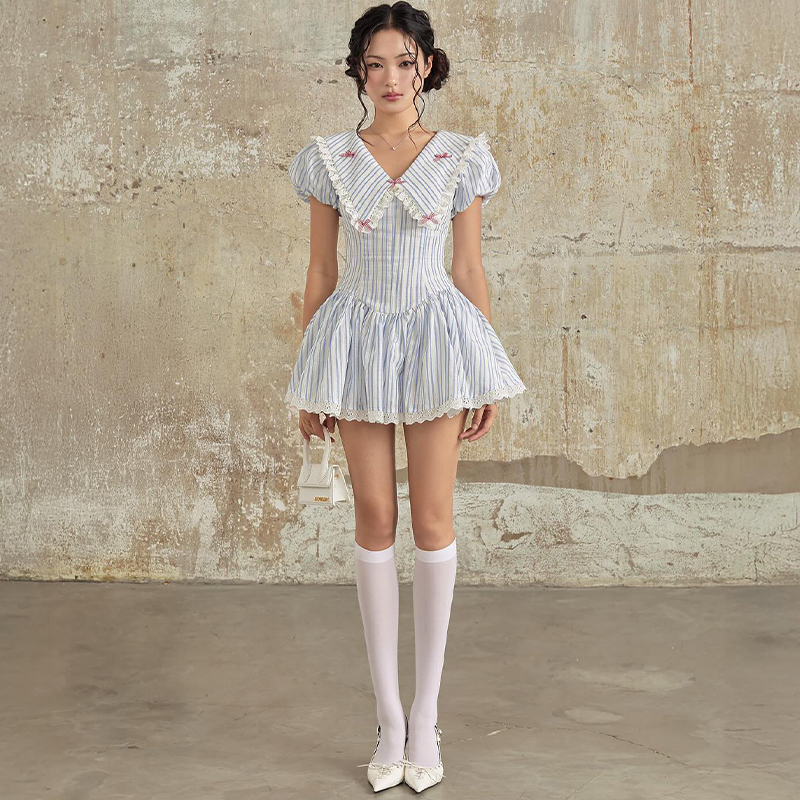 French Sweet and Spicy Bow Lace Patchwork Puff Sleeve Dress for Women, Autumn Blue Striped Slim Fit A-Line Dress