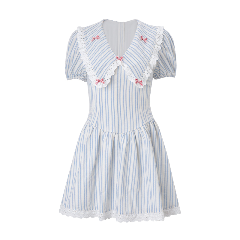 French Sweet and Spicy Bow Lace Patchwork Puff Sleeve Dress for Women, Autumn Blue Striped Slim Fit A-Line Dress