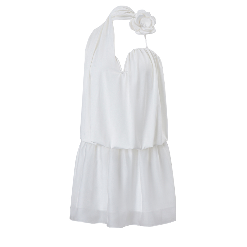 French-Style Pure Desire Style Three-Dimensional Floral Mesh Patchwork Dress for Women, Autumn Sexy Backless Pleated Waist-Cinching A-Line Short Skirt